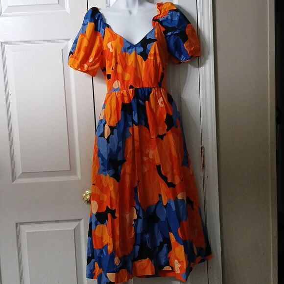 Tabitha Brown orange blue black floral puffy sleeve midi pocket dress Sz 6 NWOT - Picture 1 of 7